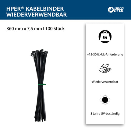 HPER kaablisidemed, korduvkasutatavad, mustad I 360 mm x 7,5 mm I 100 tk lahtikäivad I +15–30% tõmbetugevus ja stabiilsus I 3 aastat UV-kindel I sertifitseeritud kvaliteet
