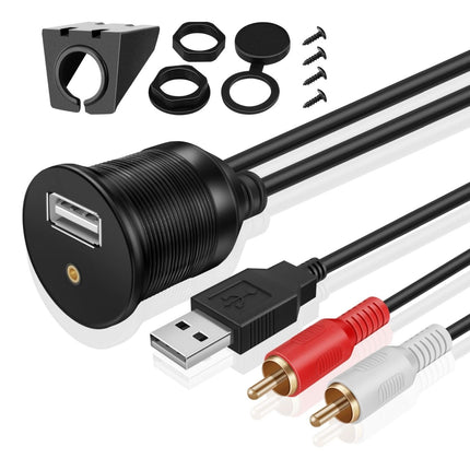 TNP 3.5mm Aux + USB Panel Jack Cable - 2m, Car USB &amp; RCA Male to 3.5mm Female Jack, Car USB RCA Extension Cable, Stereo Audio Adapter for Dashboard, Truck, Boat, Motorcycle, Black