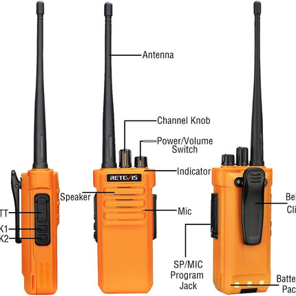 Retevis RT29 raadiosaatja pika levialaga, vastupidav kahesuunaline raadiosaatja, laetav 3200mAh, VOX-raadio veekindla mikrofoniga, äratus täiskasvanutele ja ehitusplatsidele (2 tk pakis, oranž)