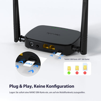 Tenda 4G03 Pro 4G LTE ruuter, WiFi ruuter Nano-SIM kaartidele (N300 CAT4, 150 Mbps allalaadimine, 300 Mbps 2.4GHz), 2*4dBi antenni, Plug &amp; Play, kiire Etherneti port, rakendus, ruuterirežiim, LED, must
