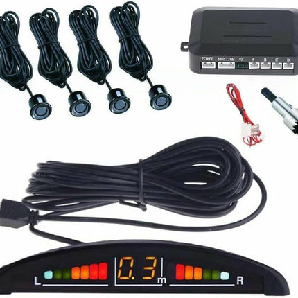 SQUADO parkimisandurid autodele, 4 parkimisanduri komplekt akustilise LED-ekraaniga, värvitav, must