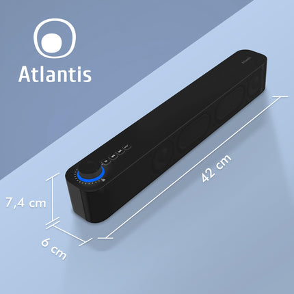 Atlantis Soundbar PC 20W, arvutikõlar, 3,5 mm pesa + Bluetooth 5.3 nutitelefonile, FireTV-le, plaadimängijale, 2400 mhA aku, FM-raadio, arvutikõlar, kaasaskantav, teler, nutitelefon 420x60x74 mm P003-C0820-B