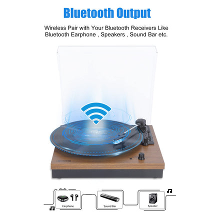 Vinyl Record Player VOSTERIO Bluetooth Record Player with Two 15W External Speakers HiFi Stereo Speakers, 3-Speed ​​33/45/78 RPM, Bluetooth Input &amp; Output, Aux-in, Walnut