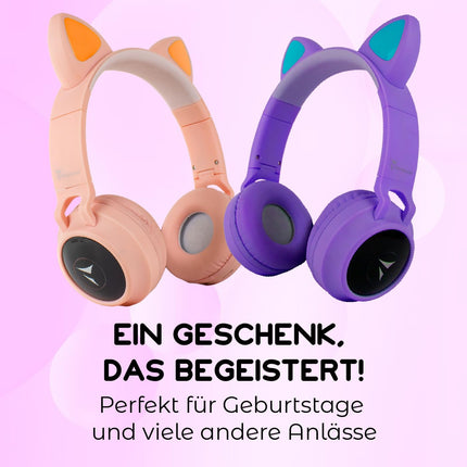 Techmade - Wireless LED Headphones | Cat Ear Design with Microphone | Clear Sound &amp; Function Keys | 6 Hour Battery Life | Adjustable &amp; Soft Ear Cushions, Purple