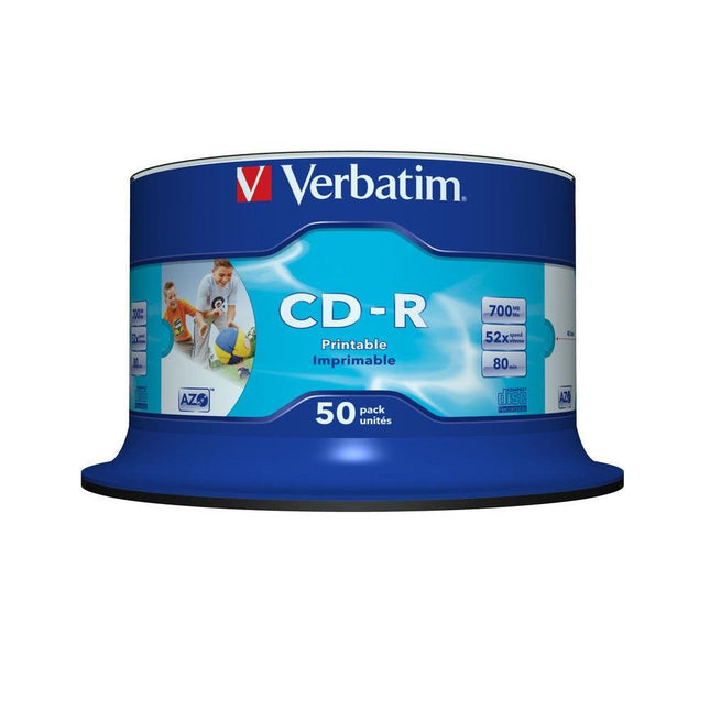 Verbatim CD-R AZO laia tindiprinteriga prinditav 700 MB, 50 tk spindliga, CD-toorikud, 52x kirjutamiskiirus ja pikk eluiga, prinditavad tühjad CD-d, audio-CD-toorikud