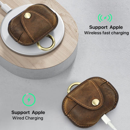 Hiram Leather Earphone Case Dustproof Genuine Leather Cover for Air Pods Pro 2nd Generation Wireless Headphones Protective Case with Charging Port and Carabiner (Coffee)