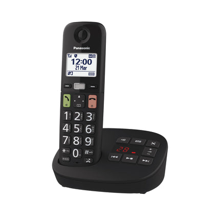 Panasonic KX-TGU130EXB digital cordless phone with answering machine, base station &amp; 1 handset, LCD display, large buttons, favorites button, hearing aid compatible, black