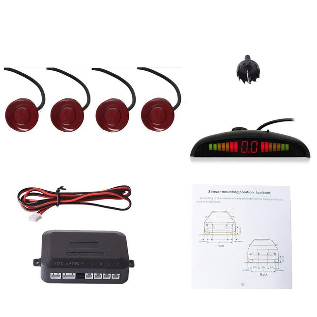 CoCar Car Reversing Alarm Parking Aid 4 Sensors Parking Assistant Parking System PDC + LED Displays + Acoustic Warning - Deep Red