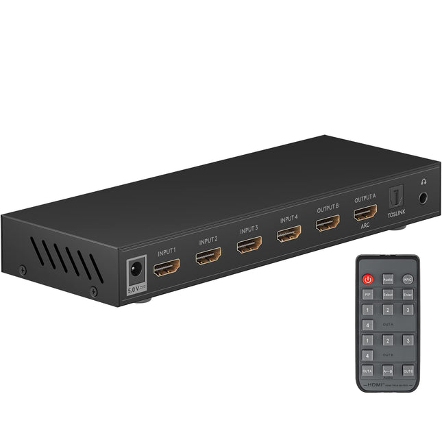 goobay 58478 HDMI maatrikslüliti 4-2 / ​​maatrikslüliti jaotur 4k @ 30Hz / puldiga Blu-ray-mängija, Xboxi, PS5 ja teleri jaoks / 4 sisendit ja 2 väljundit