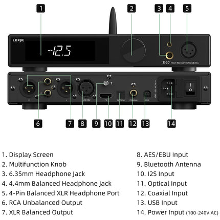 LOXJIE D60 kõrvaklapivõimendi dekooder, HiFi heli, Bluetooth 5.1, 6.35mm/4.4mm kõrvaklapipesa, XLR-RCA väljundid, THD+N, -125dB, toetab LDAC aptX-HD AAC SBC koos kaugjuhtimispuldiga (must)