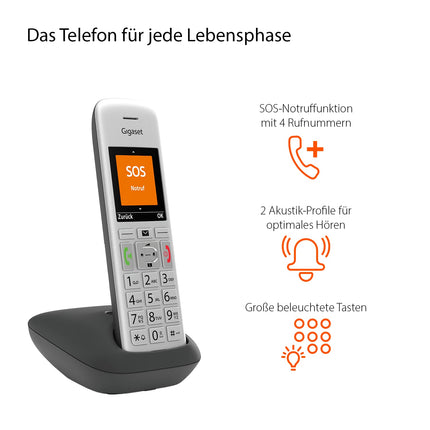 Gigaset E390 - Cordless DECT phone for seniors with large buttons and SOS function - easy operation, extra-large color display, high sound quality, silver-black
