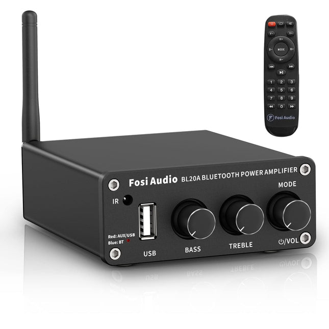 Fosi Audio BL20A Bluetooth 5.0 kodukino stereovõimendi Mini Hi-Fi D-klassi integreeritud võimendi U-Disk AUX puldiga kodukõlaritele 100 vatti × 2