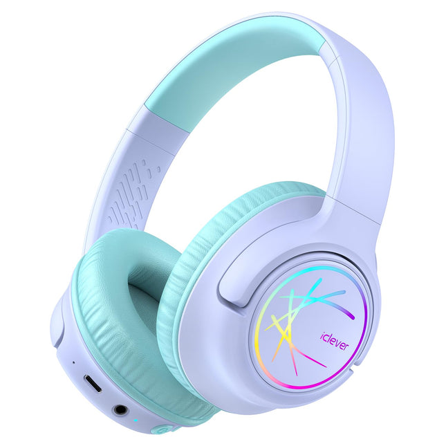iClever Bluetooth kõrvaklapid lastele LED-tuledega, helitugevuse piirang 74/85 dBA, 43 tundi mänguaega, stereoheli, Type-C, AUX-kaabel, Bluetooth 5.3 laste kõrvaklapid tahvelarvuti/reisimiseks