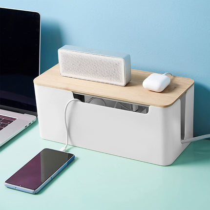 Cable management box with wooden lid, 23 x 12 x 11.7cm white plastic cable box desk cable organizer small cable box for hiding TV computer router cables sockets