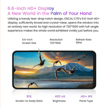 OSCAL C70 Android 12 mobiiltelefon ilma lepinguta, kaheksatuumaline 10 GB + 128 GB (2 TB TF laiendusvõimalus), 50 MP + 8 MP kaamera, 6,6-tolline HD+ ekraan, kahe SIM-kaardiga nutitelefon, 5180 mAh aku, näotuvastus ja sõrmejäljelugeja, must