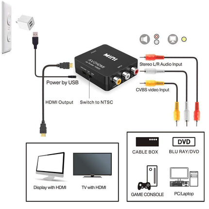 Amtake RCA-HDMI muundur, 1080P RCA komposiit CVBS AV-HDMI video-audio muunduri adapter PS2, Wii, Xbox SNES, N64 VHS VCR, kaamera ja DVD jaoks, toetab PAL/NTSC-d USB-toitekaabliga