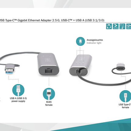 DIGITUS USB Network Adapter - 2.5 Gbit/s - RJ45 to USB 3.1 - incl. Type-A Adapter - Full-Duplex - Auto MDI-X - Gray