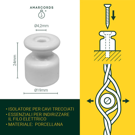 Amarcords - Portselainisolaatorid paigaldamiseks punutud tekstiilkaabliga [50 tk] - Kaabliklamber kruvide ja tüüblitega VALGE