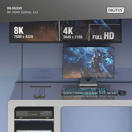 DIGITUS DS-55339 HDMI jaotur 1x2 – sisend: 1 port/väljund: 2 porti – UHD 8K/60 Hz HDTV: 7680 × 4320p – HDCP 2.3 ja HDMI 2.1 – HDR, Deep Color, EDID-lüliti – Toslink, Stereo (3,5 mm)