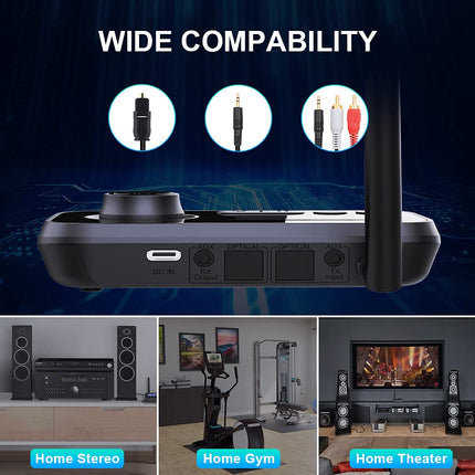 Ainostone 3-in-1 Bluetooth 5.3 saatja-vastuvõtja 2 kõrvaklapi jaoks Bluetooth-heliadapter madala latentsusega Bluetooth-saatja möödaviigu lülitiga helitugevuse reguleerimine AUX optiline RCA teleri stereosüsteemile arvutile