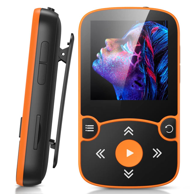 AGPTEK MP3-mängija Bluetooth 5.0 Sport 32GB 1,5-tollise TFT värvilise ekraaniga, mini-muusikamängija klambriga, toetab kuni 128GB TF-kaarti, sõltumatu helitugevuse nupuga, oranž