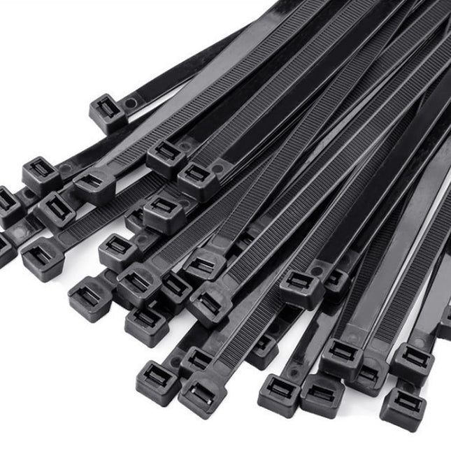 100 pika kaablisideme pakis, mustad, 450 mm x 9 mm, tõmbetugevus 80 kg, kvaliteetsest nailonist, mustad kaablisidemed, UV-kindlad, iselukustuvad kaablisidemed kaablite haldamiseks, aiatöödeks