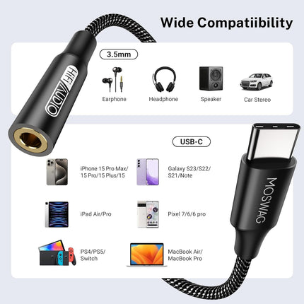 MOSWAG USB Type C to 3.5mm Headphone Jack Adapter, Audio USB C to Aux Dongle Cable for iPhone 16 Pro Max/16 Pro/16 Plus/16/15 Pro/15, Samsung Galaxy S24 S23 S22 S21 S20, Huawei, Pixel, iPad and more