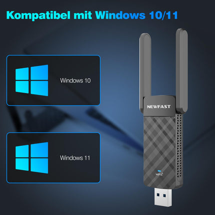 NEWFAST WLAN Stick for PC,1800Mbps Dual Band USB WiFi 6 Adapter,WiFi 6 Dongle Support for Windows 10/11 ONLY,180° Adjustable High Gain Antenna,WPA3,USB 3.0 Wireless Adapter for Laptop