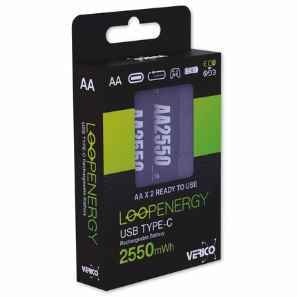 VERICO LoopEnergy AA 2550, Mignon, rechargeable USB-C battery AA 1.5V 2550mWh (1700mAh) Li-Ion battery, fast charging via USB-C connection in approx. 2 hours, 2-pack AA, 1 cable USB-A to 2 x USB-C