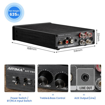 AIYIMA A07PRO TPA3255 Mini Power Amplifier 2.0/2.1 Channel Audio Amplifier 300W x 2 Class D Hi-Fi Stereo Integrated Amplifier QCC304X Bluetooth 5.2 Desktop Amplifier with Treble and Bass Control