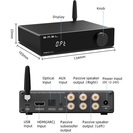 SMSL A50 PRO HiFi Power Amplifier, 2.1-Channel High/Low Pass Filter, Infineon's MA12070P Chip, Bluetooth 5.0/USB/HDMI/AUX Input, Passive Subwoofer with Adjustable Volume (A50 PRO)