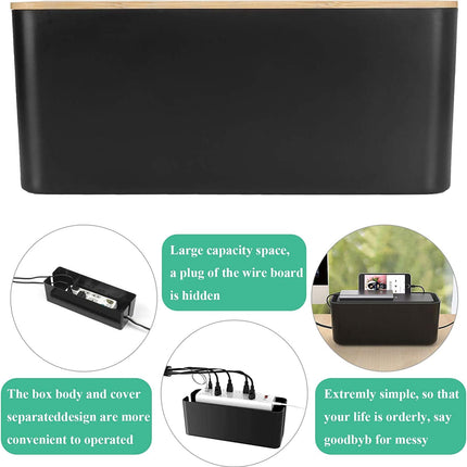 ASelected set of 3 cable boxes black, large cable organizer box with wooden lid for cables, large and small cable management box adapters, power strips, cable hiding box