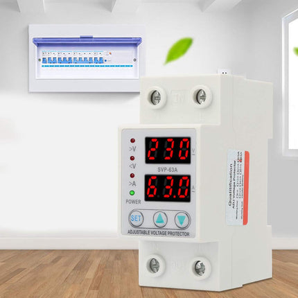 Overcurrent protection, AC230V 63A voltage current protection, single-phase overvoltage protection, 230V-300V adjustable, DIN rail installation