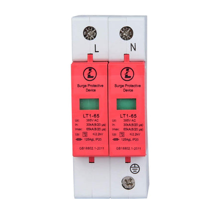 Surge Arrester, LT1-65, 2P 385VAC 65KA, 35 mm DIN Rail Mounting, Home Surge Protection Low Voltage Arrester Lightning Protection (2P65KA)