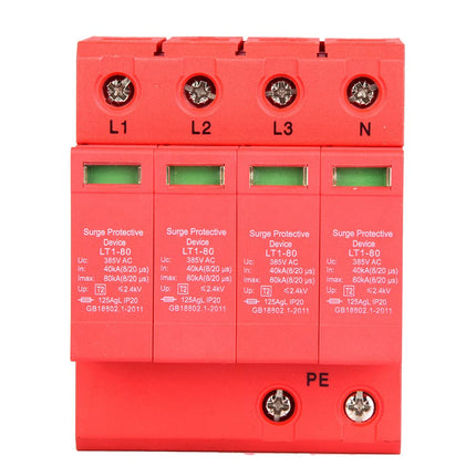 4P Home Surge Protector Low Voltage Arrester 40KA Surge Arrester DIN Rail for Thunder Protection, Three-Phase Four-Wire (4P40KA)
