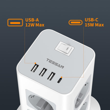 TESSAN 8-suunaline pikendusjuhe USB C ja 3 USB A pistikuga, 10M pikenduskaabel, pikendusjuhe ülepingekaitsega, mitu pistikut lülitiga koduseks kasutamiseks, võimsusmast 3600W
