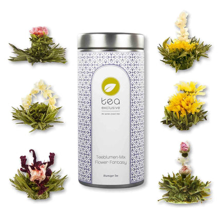 tea exclusive tea flower mix "Flower Fantasy", 6 varieties of tea flowers in a beautiful metal tin &amp; photo booklet with quotes, green white tea with jasmine, rose, peony, marigold, hibiscus - tea gift