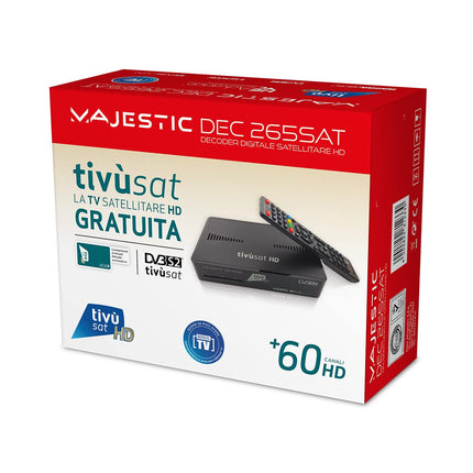 Majestic DEC 265 SAT satelliitvastuvõtja, toetab HEVC Main 10, programmeeritavat kaugjuhtimispulti, HD Smartcardi ja USB-sisendit
