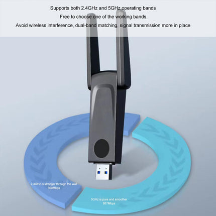 USB-adapter arvutile 1300 Mbps kahe 5Dbi antenniga 5G/2.4G WiFi-adapter lauaarvutile, sülearvutile 10, 8, 8.1, 7, Vista, XP, traadita adapter lauaarvuti võrguadapterile