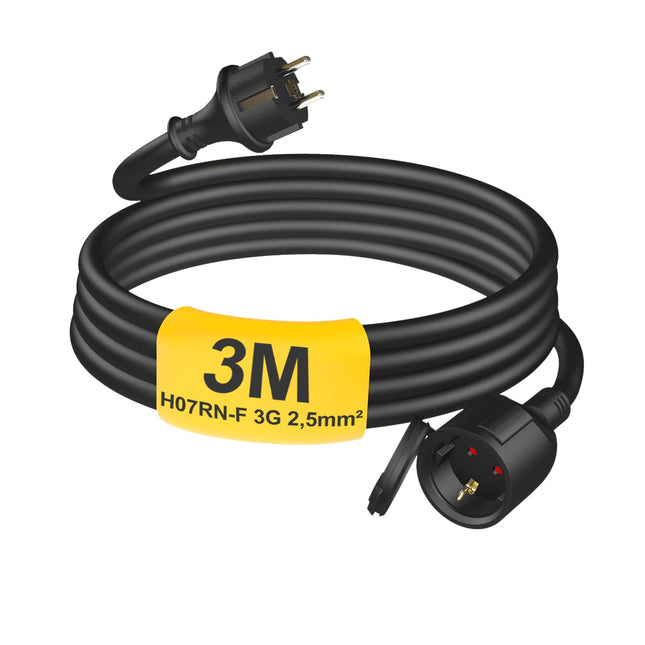 HUARUI Outdoor Extension Cable 3m with Protective Cap H07RN-F 3G 2.5 mm², Rubber Power Cable Extension with Schuko Plug for Outdoor Use IP44, Outdoor Electrical Cable, 3500W, 16A 250V, Black