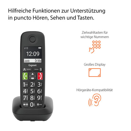 Gigaset E290HX - DECT-telefonitoru laadimisalusega - Fritzbox-ühilduv - Juhtmeta seenioride telefon ruuteri ja DECT-aluse jaoks - suur ekraan ja nupud, must [Saksa versioon] [Ilma aluseta]