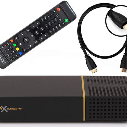 AX Multibox Twin 4K UHD E2 Linux Twin satelliitvastuvõtja PVR salvestusfunktsiooniga, DVB-S2 tuuner, HDTV, 2160p, H.265, HDR [eelprogrammeeritud Astra ja Hotbirdi jaoks] + HDMI-kaabel