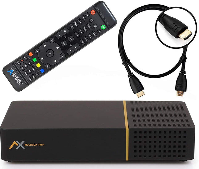 AX Multibox Twin 4K UHD E2 Linux Twin satelliitvastuvõtja PVR salvestusfunktsiooniga, DVB-S2 tuuner, HDTV, 2160p, H.265, HDR [eelprogrammeeritud Astra ja Hotbirdi jaoks] + HDMI-kaabel
