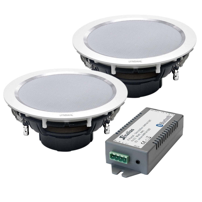 zalias Lyndahl stereo sisseehitatud kõlarite komplekt valge CS195ST koos Bluetooth-võimendiga AMP4X15BT paigaldamiseks lakke ja kipsplaati, valikuliselt ühe või kahe stereokõlariga, 2 kõlariga