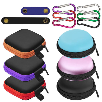SENHAI Small Square and Round Portable Earplug Storage Box with Carabiners and 2 Headphone Cable Clips for Headphones, Bluetooth, U Disk, SD Cards