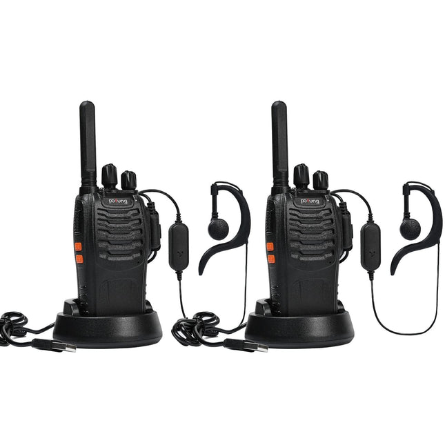 Pofung PT88E Walkie Talkie PMR446 litsentsivaba kahesuunaline raadiosaatja, 16-kanaliga pikamaa raadiosaatjad laadimisaluse ja kõrvaklappidega (must, 2 tk pakis)