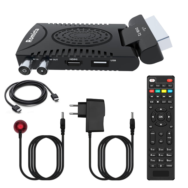 Romicta DVB-T2 vastuvõtja ja kaabelvastuvõtja DVB-C – H.265 HEVC FTA Full HD 1080P, PVR, USB, HDMI, Timeshift, SCART, digitaalne maapealne TV tuuner, ei toeta Freenet TV-d ega satelliiti