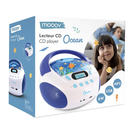 mooov 477170 CD Player for Children with Speakers, USB, Headphone Jack, AUX-IN Port - Boombox CD Player Portable - Mains or Battery Operated - Ocean Model - Blue/White