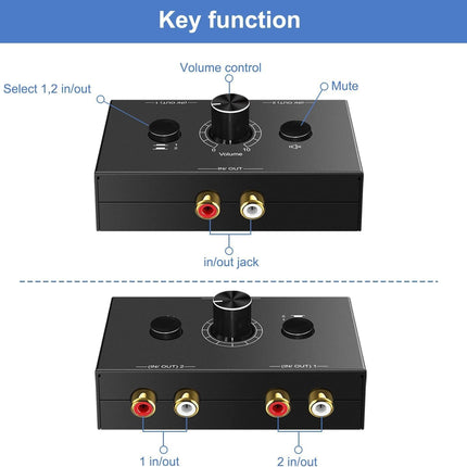 UNSTINCER RCA Cinch audio lüliti 2(1)-sisend-1(2)-väljund, analoog stereo lüliti helitugevuse regulaatoriga, kahesuunaline Aux heli valiku lüliti jaotur fono kõrvaklappide võimendi arvuti kõlari jaoks