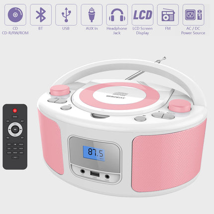 Kaasaskantav CD-mängija Boombox Bluetoothiga | Pult | FM-raadio | USB | MP3 taasesitus | Ühildub CD-R/CD-RW plaatidega (roosa + valge)